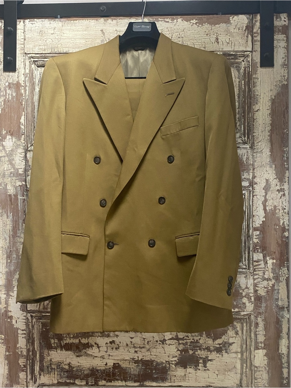 Givenchy 100% Wool Vintage Double-Breasted 2PC Suit in Mustard Olive, 42L